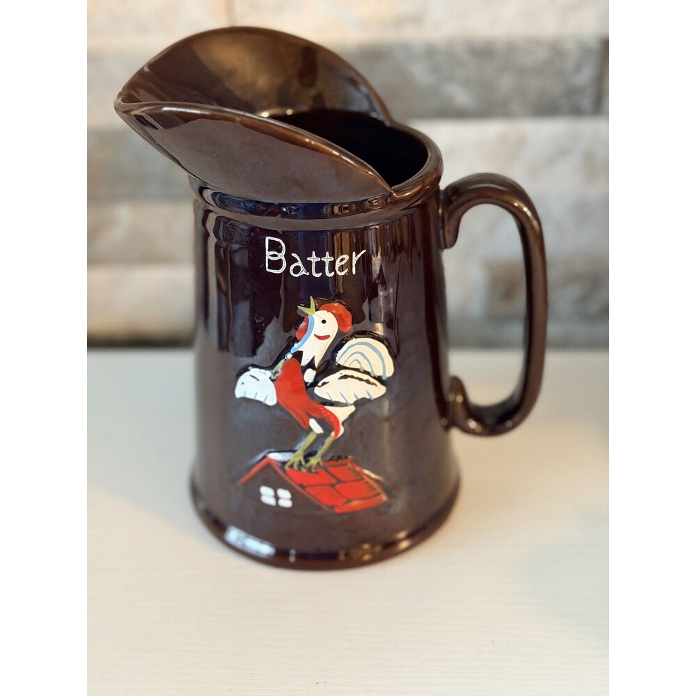 Vintage Redware Batter Pitcher Embossed Rooster Brown Luster 1950's Mid Century